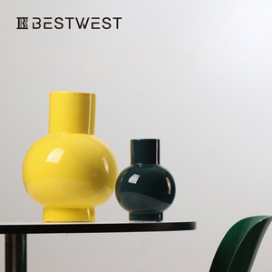 BESTWEST创意彩色大肚子陶瓷花瓶 ins风高档客厅餐厅软装饰品花器