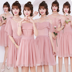2024伴娘礼服女新款姐妹团伴娘服韩版粉色礼服短款礼服裙婚礼