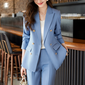 蓝色西装外套女休闲韩版春秋2024新款高级感职业装套装西服两件套