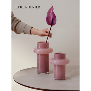 COLORHUNTER 法式粉色玻璃花瓶复古花器客厅边柜装饰轻奢插花摆件
