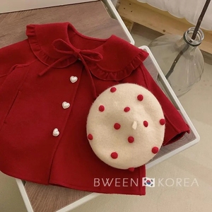 女童红色新年过年服秋冬季网红娃娃领呢大衣韩版时髦圣诞毛呢外套