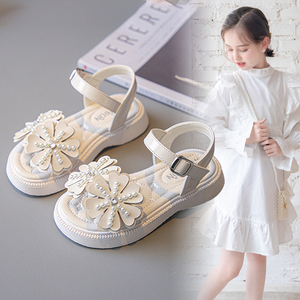 女童米色气质凉鞋2024夏季新款平底轻便儿童鞋女孩韩式洋气公主鞋