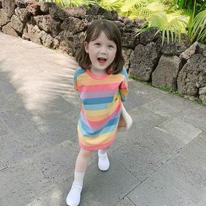 童装2024夏季新款女童夏装纯棉T恤裙子儿童洋气彩虹短袖连衣裙