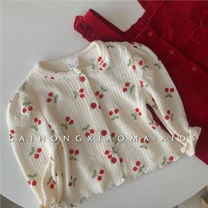 韩国童装女童宝宝春秋儿童洋气甜美泡泡袖上衣樱桃薄款打底衫外套
