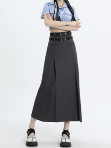 Felazv~日系设计感高腰包臀长裙女双腰带显气质A字显瘦西装半身裙