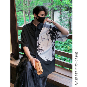 新中式国风水墨画竹子衬衫男装夏季拼接设计道袍古风短袖唐装外套
