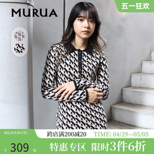 MURUA日系新款百搭修身几何针织Polo连衣裙显瘦时尚短裙女