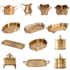 进口黄铜复古雕花镂空托盘摆件样板间双耳欧式花盆收纳桶冰桶装饰