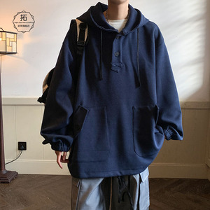 美式藏蓝色套头卫衣男冬季加绒加厚下摆宽松潮牌连帽外套oversize