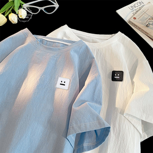 亚麻冰丝短袖男夏季日系cityboy圆领T恤微笑设计感廓形五分袖上衣
