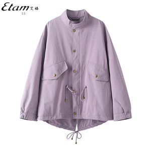 Etam/艾格ES2023秋季新款美式立领上衣休闲中长款工装风衣外套女
