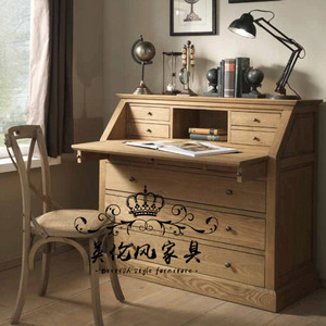 美式乡村实木书桌折叠斗柜书柜法式复古多功能翻盖梳妆台一体书桌