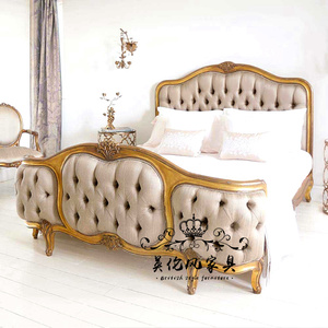 欧式实木雕花双人床 简欧新古典卧室软包床 法式复古做旧橡木婚床
