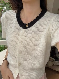 韩式甜美圆领波浪边针织衫短袖上衣女春夏设计感拼色开衫短款t恤