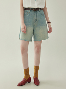 「北岛AMUU」复古蓝色宽松高腰牛仔短裤女夏季新款五分毛边直筒裤