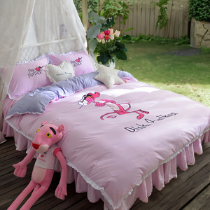 韩式粉红豹粉色卡通刺绣床裙三四件套床罩被套女生卧室氛围感花边