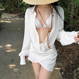 沙滩度假白色比基尼泳衣女长袖罩衫防晒裙套装性感聚拢泡温泉泳装