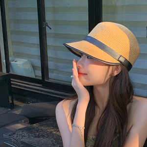 日系遮阳草帽女夏季法式优雅草编马术帽出游防晒帽小众时尚时装帽