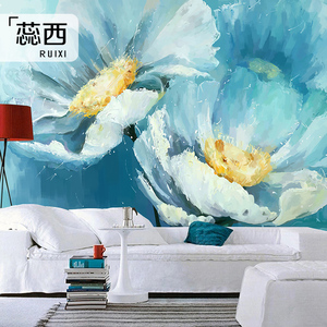 北欧电视背景墙壁纸油画欧式墙纸美式墙布蓝色花朵壁布客厅壁画风