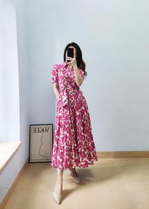 米米●夏季新款 海棠红艺术叶影泡泡袖衬衫裙系带大裙摆连衣裙