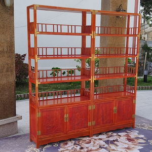 四层实木书架原木货架展示柜茶叶架中式博古架榆木雕花仿古多宝格