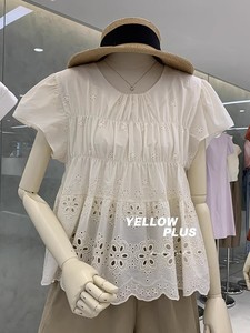 广州十三行女装韩国高货夏季镂空刺绣短袖娃娃裙摆衬衫小飞袖上衣
