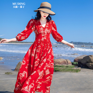 2024新款法式连衣裙波西米亚雪纺长裙红色海边度假沙滩裙春秋裙子