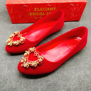 红色平底婚鞋水钻圆头新娘鞋舒适红鞋伴娘鞋敬酒伴娘鞋主持上轿鞋