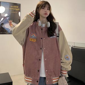 美式潮牌hiphop灯芯绒外套女冬韩版宽松学生慵懒风学生加厚棒球服