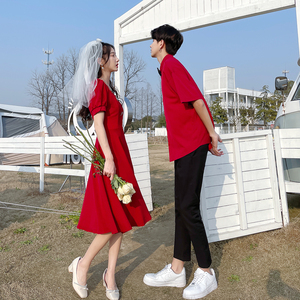 情侣衬衫订婚礼服大红色短袖连衣裙中长款夏季薄款情侣装结婚拍照