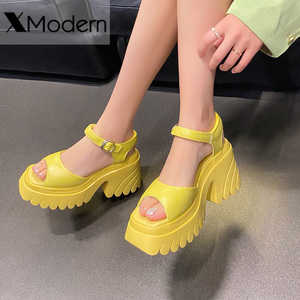 10cm超高跟黄色仙女风凉鞋夏季一字扣带真皮小个子鱼嘴女鞋子116A