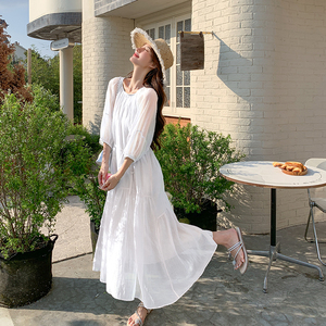 法式薄纱仙女小白裙连衣裙腰带女夏季2024新款爆款小个子高端长裙