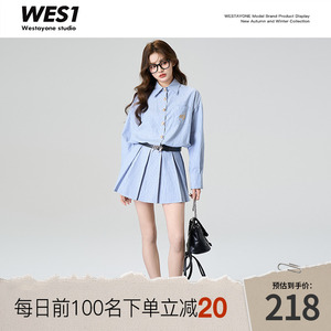 WESTAYONE 24/SS新款学院风长袖条纹衬衫连衣裙收腰裙子