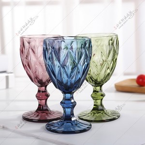 复古浮雕彩色玻璃红葡萄酒杯创意店用加厚高果汁杯配吸管喝水杯子
