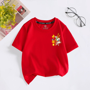 儿童红色t恤中国风亲子短袖男童女童上衣六一节爱国演出学生班服