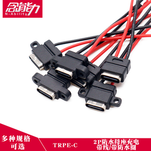 USB type-c焊线母插座 2P带线充电母头防水TYPE-C母座DIY带安装孔