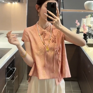 新中式桔色系金粉花纹高贵气质宽松版显白时尚衬衫2024夏季新款女
