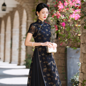 旗袍新中式女夏季短袖改良版中长款年轻款黑色大码连衣裙日常气质