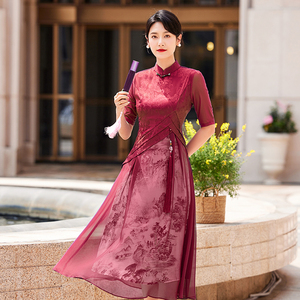 连衣裙2024春季新款旗袍中年妈妈女红色改良版日常高级感优雅大码