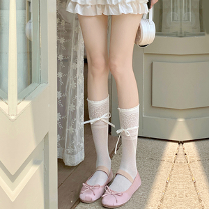 日系甜美蕾丝蝴蝶结中筒袜子女夏季芭蕾风薄款花边jk绑带小腿网袜
