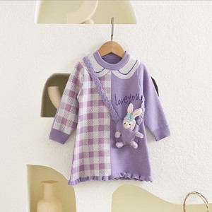 女童连衣裙长袖韩版洋气背带兔子格纹紫色纯棉软针织裙儿童毛衣裙