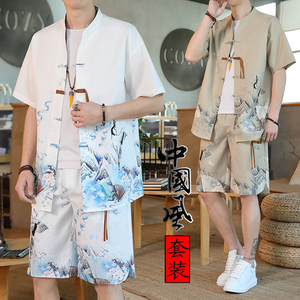 夏季中式短袖t恤男士棉麻中国风男装佛系汉服唐装盘扣套装古风仙