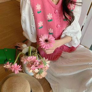 粉色甜美刺绣花朵无袖毛衣坎肩开衫针织背心女衬衫叠穿马甲外搭潮