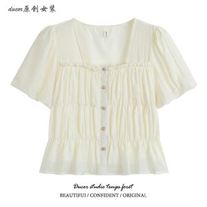 韩系设计感皱褶方领衬衫女2024夏季新款薄款雪纺透气短袖小衫上衣