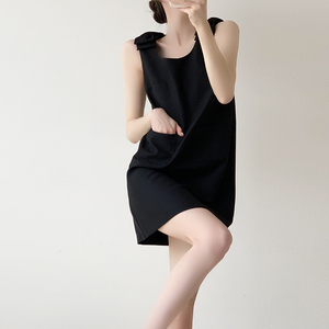 YAHI法式黑色无袖短款连衣裙夏蝴蝶结设计感小众宽松显瘦背心裙子