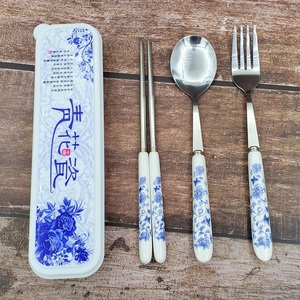 青花瓷餐具套装不锈钢陶瓷筷子勺子叉子三件套古风ins餐具收纳盒