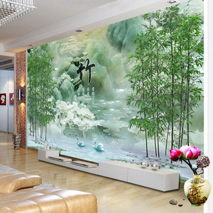 3D中式大气山水竹子电视背景墙纸客厅8d立体浮雕壁画5D影视墙璧纸