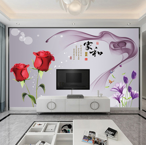 现代简约烟雾玫瑰花电视背景墙纸客厅沙发北欧5d立体抽象影视壁画