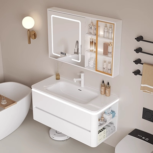 上新简约白实木浴室柜智能镜柜陶瓷一体盆洗脸洗手盆柜组合一体