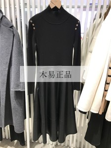 LILY丽丽2023年冬季黑色高领PU皮针织拼接长款连衣裙123440C7501